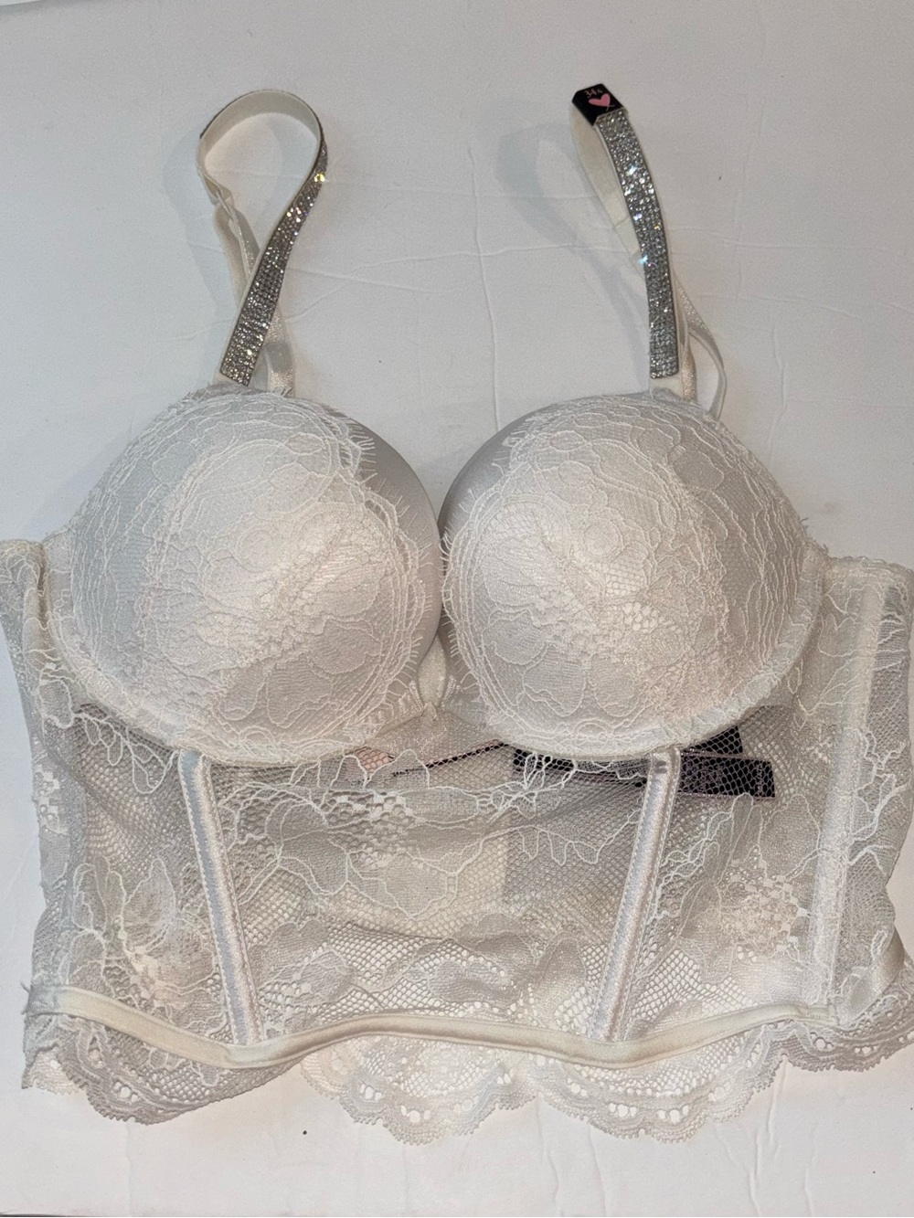 New Victoria's Secret Lace Longline Push-Up Bra with Rhinestone Straps Sz 34A
